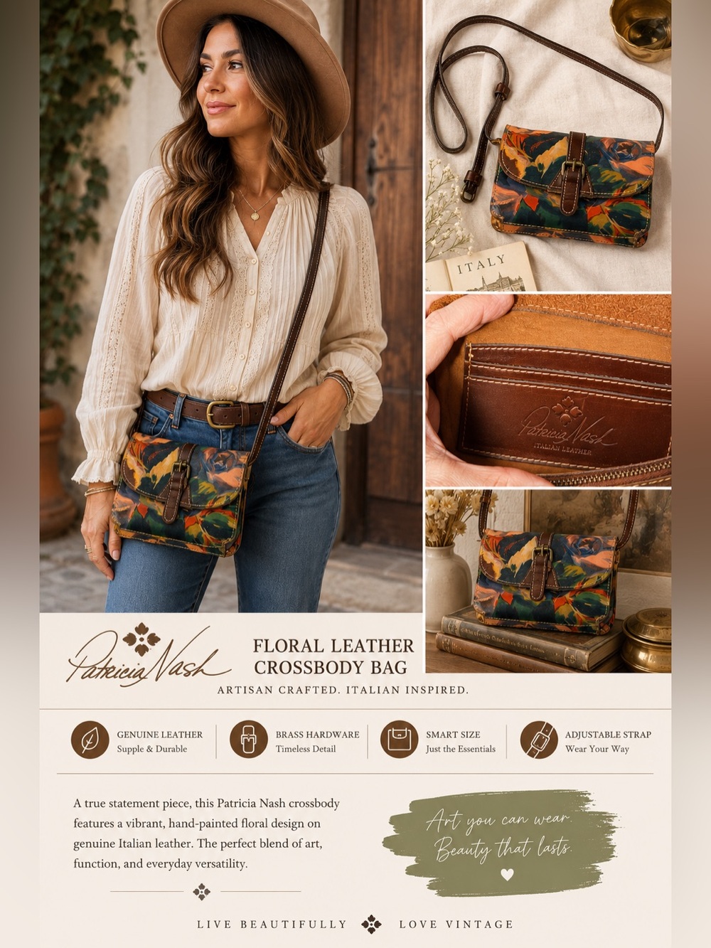 Patricia Nash Floral Leather Crossbody Bag | Multicolor‎ Painted Print | - Picture 2 of 11